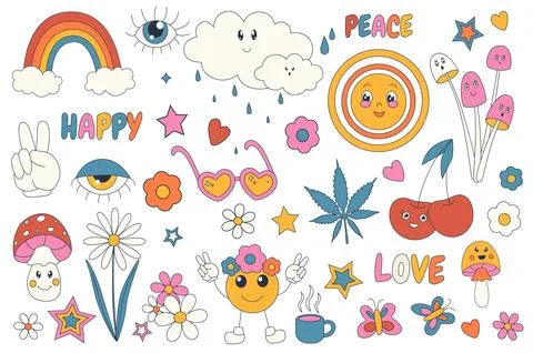 Groovy Hippie 70s Vector Set Illustrazione stock