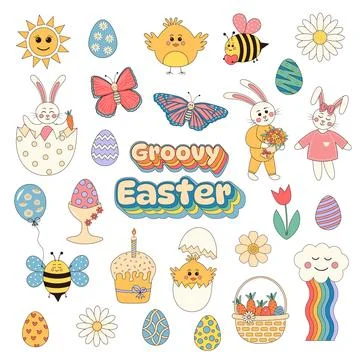 Groovy hippie Easter set.  Easter eggs, bunnies,  butterflies, bees, chicke.. Illustrazione stock