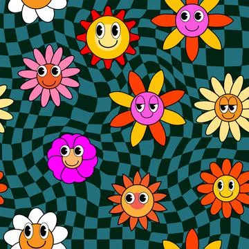 Groovy hippie flower seamless pattern. Colorful flowers trendy check distortion Stock Illustration