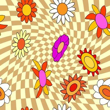 Groovy hippie flower seamless pattern. Colorful flowers trendy check distortion Stock Illustration