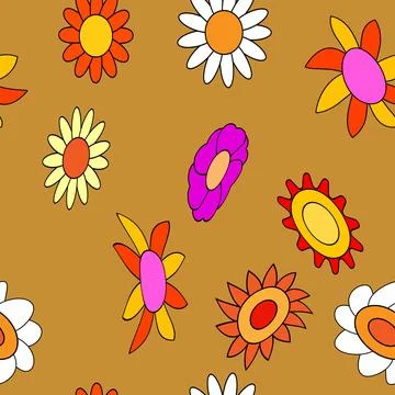Groovy hippie flower seamless pattern. Colorful flowers trendy background retro Stock Illustration