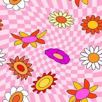 Groovy hippie flower seamless pattern. Colorful flowers trendy check distortion Stock Illustration