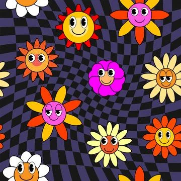 Groovy hippie flower seamless pattern. Colorful flowers trendy check distortion Stock Illustration