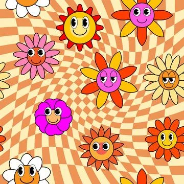 Groovy hippie flower seamless pattern. Colorful flowers trendy check distortion Stock Illustration