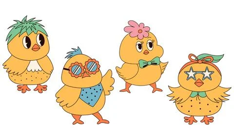 Groovy hippie Happy Easter characters. Set of Easter chicks in trendy retro 60s Stock Illustration