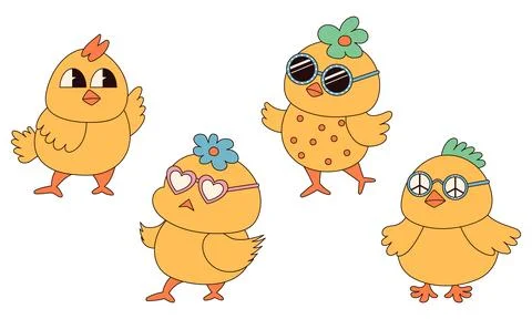 Groovy hippie Happy Easter characters. Set of Easter chicks in trendy retro 60s Stock Illustration