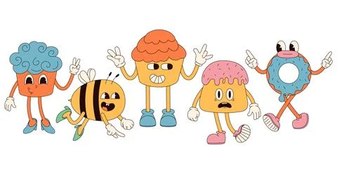 Groovy hippie Happy Easter characters. Easter bun, bee in trendy retro 60s 70 イラスト素材