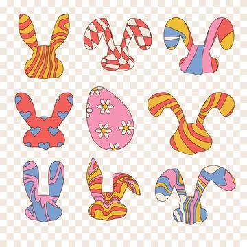 Groovy hippie Happy Easter elements set. Collection of heads of Easter bunnies Stockillustratie