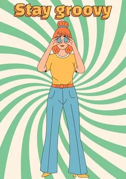 Groovy hippie Happy Easter posters. Girl holds Easter eggs. Vector card in Stock Illustration