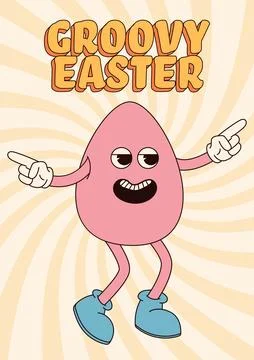 Groovy hippie Happy Easter posters. Easter eggs. Vector card in trendy retro 60s Stock Illustration