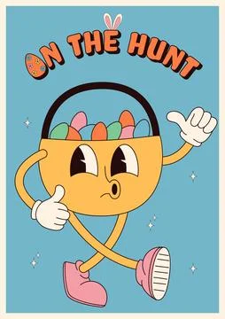 Groovy hippie Happy Easter posters. Easter basket with egg. Vector card in tr Stock Illustration