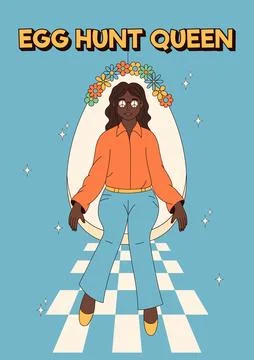 Groovy hippie Happy Easter posters. Girl sits in a big Easter egg. Vector car Stock Illustration
