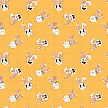 Groovy hippie Happy Easter seamless pattern. Easter backgrounds in trendy ret Stock Illustration