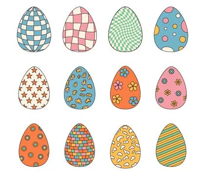 Groovy hippie Happy Easter. Set of Easter eggs with patterns in trendy retro  Ilustração Stock