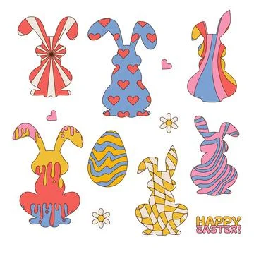 Groovy hippie Happy Easter Set of Easter bunnies silhouettes with patterns in Ilustração Stock
