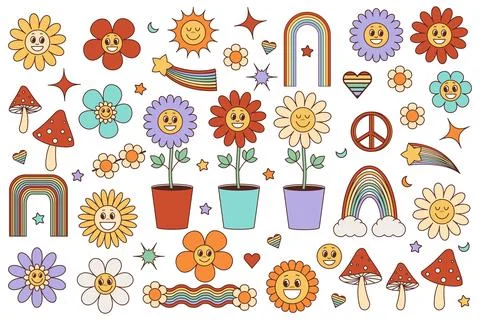 Groovy hippie set of elements. Fun rainbow flowers and mushrooms in 1970s style Stock Illustration