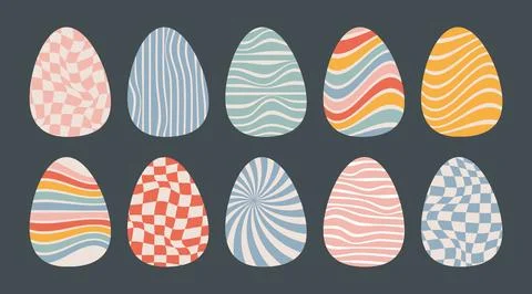 Groovy Hippie Wave Easter Eggs with Distorted Checkered and Uneven Stripes .. Stock Illustration