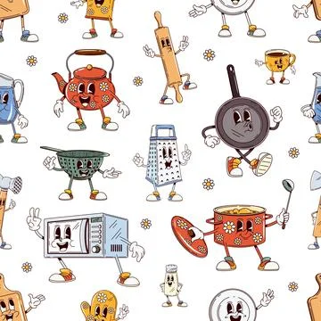 Groovy kitchenware, dishware utensil characters Stock Illustration