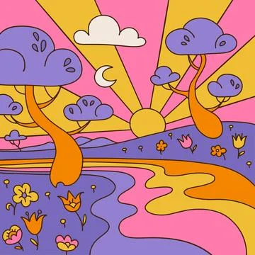 Groovy landscape background with abstract trees, flowers and river, retro waves Ilustração Stock