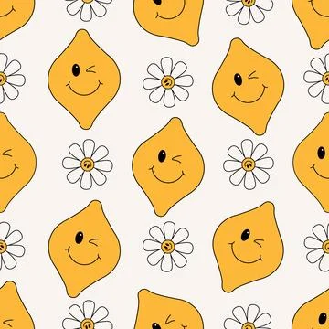 Groovy lemon pattern. Seamless print of funky lemon citrus and daisy flower Stock Illustration