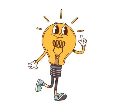 Groovy light bulb character with pointing finger Stock Illustration