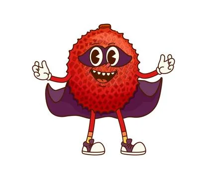 Groovy lychee fruit superhero character in cape Stock Illustration