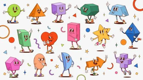 Groovy math geometric shape figure characters Stock Illustration