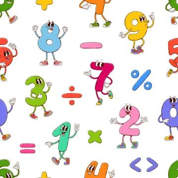 Groovy math numbers characters school pattern 库存插图