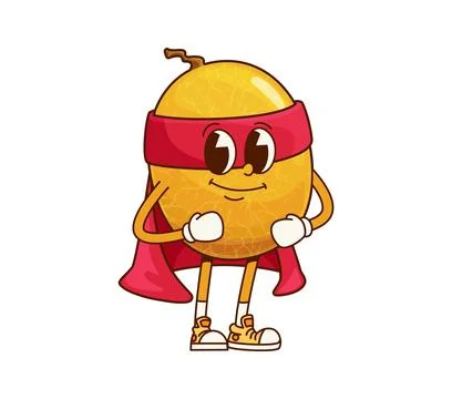 Groovy melon fruit superhero character in red cape Stock Illustration