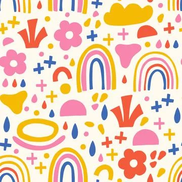 Groovy modern doodle pattern with rainbows and flowers. 스톡 일러스트