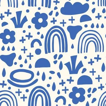 Groovy modern doodle pattern with rainbows and flowers. Stock Illustration