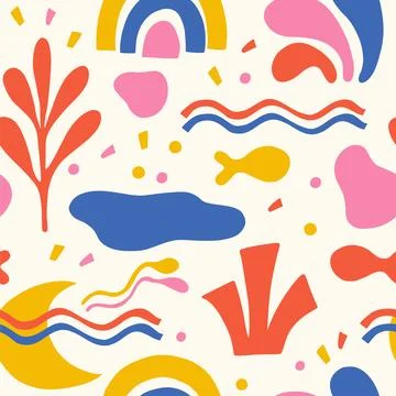 Groovy modern doodle pattern with waves and underwater life. Illustrazione stock