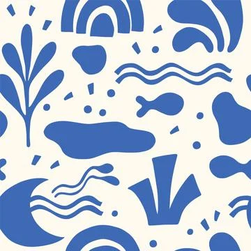 Groovy modern doodle pattern with waves and underwater life. Stock Illustration