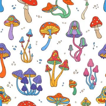 Groovy mushrooms seamless pattern, tile background Stock Illustration