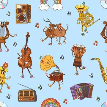 Groovy musical instruments seamless pattern Stock Illustration