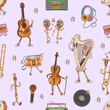 Groovy musical instruments vector seamless pattern Stock Illustration