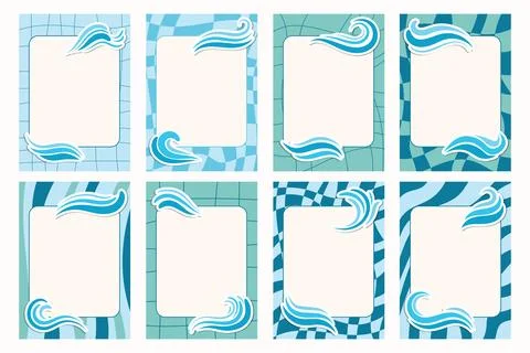 Groovy notebook sheets with water waves set including stickers and frames. Stock Illustration