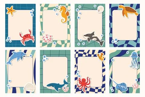 Groovy Notes Set in sea colors with frames and cute cartoon Sea Animal Stic.. Illustrazione stock