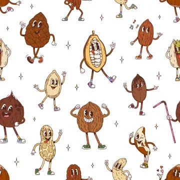 Groovy nut and seeds character seamless pattern 스톡 일러스트