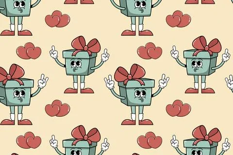Groovy pattern cartoon characters gift and two hearts. Stock Illustration