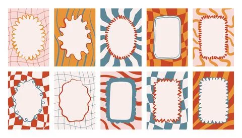 Groovy poster collection featuring checker patterns, stripes and flowing wa.. Stock Illustration