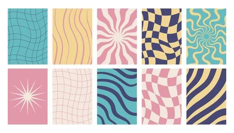 Groovy poster set featuring wavy lines, checkered grids and striped texture.. Stock Illustration