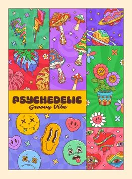 Groovy psychedelic characters in collage poster Stock Illustration
