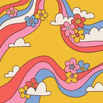 Groovy psychedelic flower square background. Abstract contour line art. Blossom 스톡 일러스트