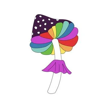 Groovy psychedelic mushroom with rainbow rays pattern on black polka dot cap Stock Illustration