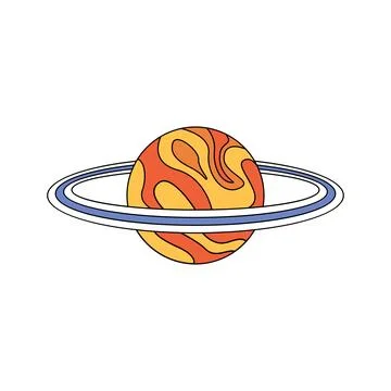 Groovy psychedelic planet Saturn with ring, yellow and red swirls Ilustração Stock