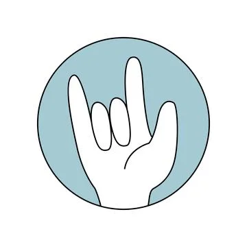 Groovy psychedelic sticker of round shape with hands horn gesture Ilustração Stock
