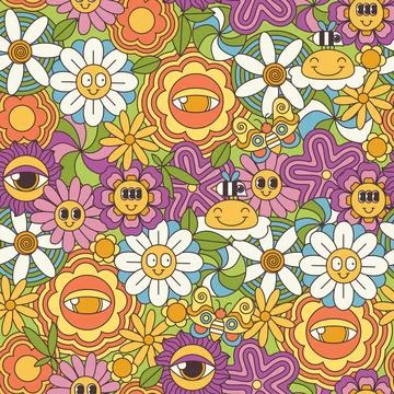 Groovy psychedelic summer flowers pattern, funny retro seamless floral texture 스톡 일러스트