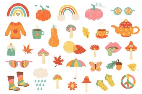 Groovy retro autumn set. Fall psychedelic cute icons 60s, 70s. Hippie aesth.. Stock Illustration
