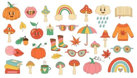 Groovy retro autumn set. Fall psychedelic cute icons 60s, 70s. Hippie aesth.. Stock Illustration